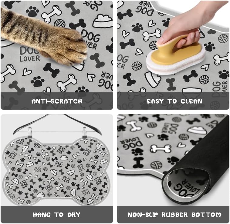 Dog Food Mats for Floors Waterproof, Pet Feeding Absorbent Water Bowl Mat Cat Placemats Gray Bone Shape 25.5 * 17 inch