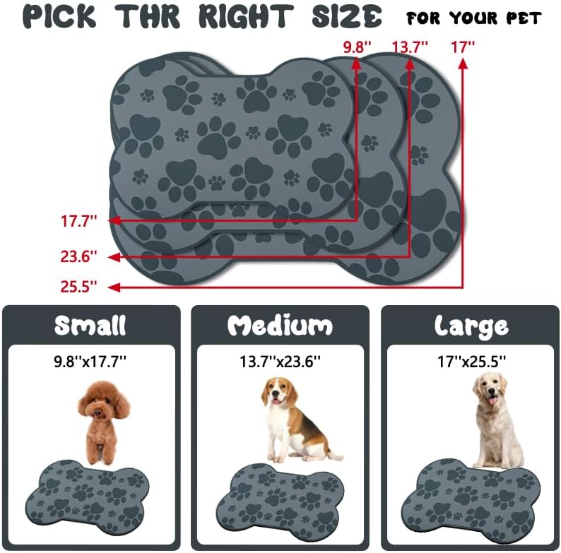 Dog Food Mats for Floors Waterproof, Pet Feeding Absorbent Water Bowl Mat Cat Placemats Gray Bone Shape 25.5 * 17 inch