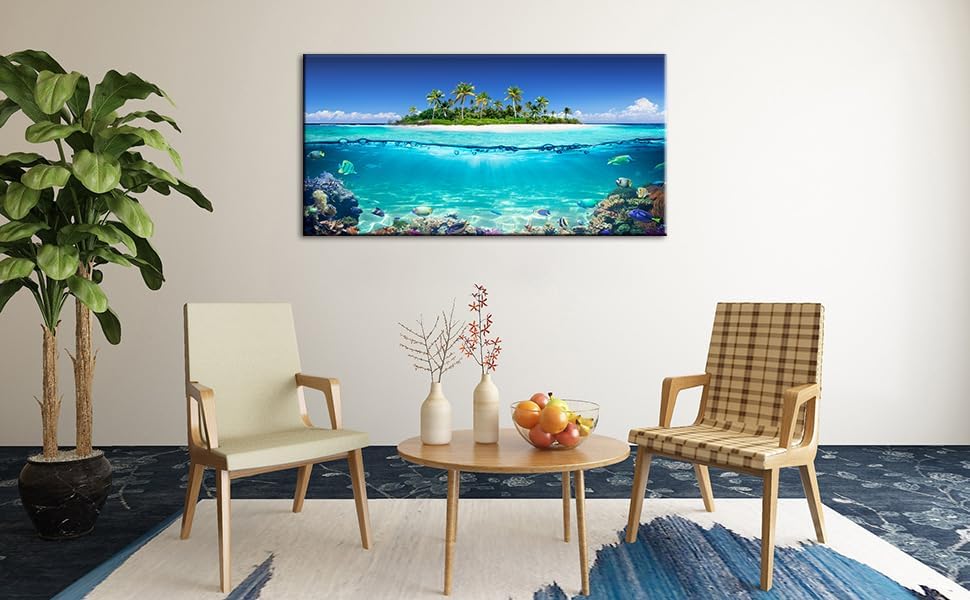 Tropical Island Coral Reef Landscape Canvas Wall Art for Living Room,Unique View Split Waterline Scenery,Beautiful Nature Summer Travel Scenic Picture Print Artwork Painting Decor,Inner Frame 30x60