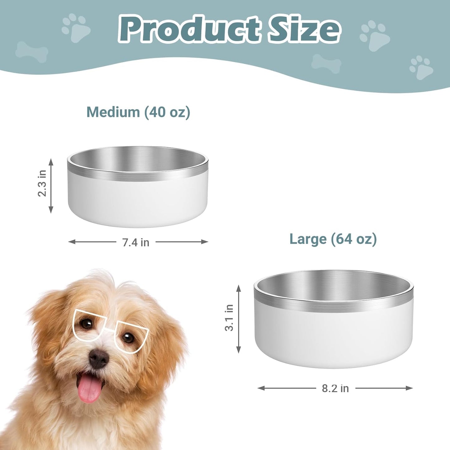 LIANLAI Dog Bowls Large Sized Dishes, Rust-Resistant Stainless Steel Dog Bowls, No Spill Pet Water Bowl, Double-Walled Puppy Bowl (White，64 oz)