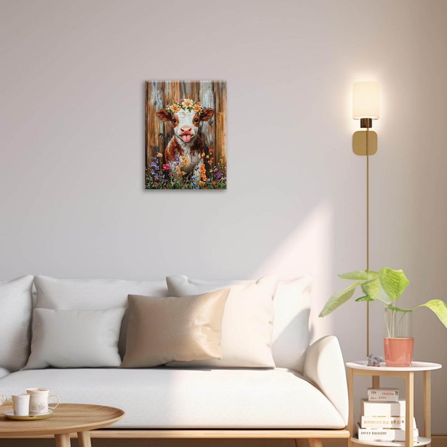 Funny Cow Bathroom Pictures Wall Art, Rustic Brown Cute Cow Bathroom Wall Decor, Farmhouse Floral Framed Painting Animal Flower Canvas Artwork for Bedroom Living Room Decorations 20"L x 16"W