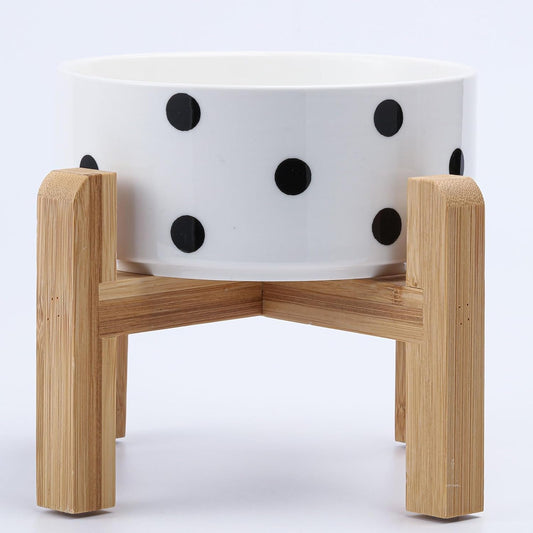 Petygooing Elevated/Raised Ceramic Dog Bowl for Small Breeds, Dog Food Water Dish with Stand,Pet Feeding Bowl with Anti Slip Rubber for Cats and Small Dogs Puppy 13.5 OZ (5.1In / 1.7 Cups) Black Dot