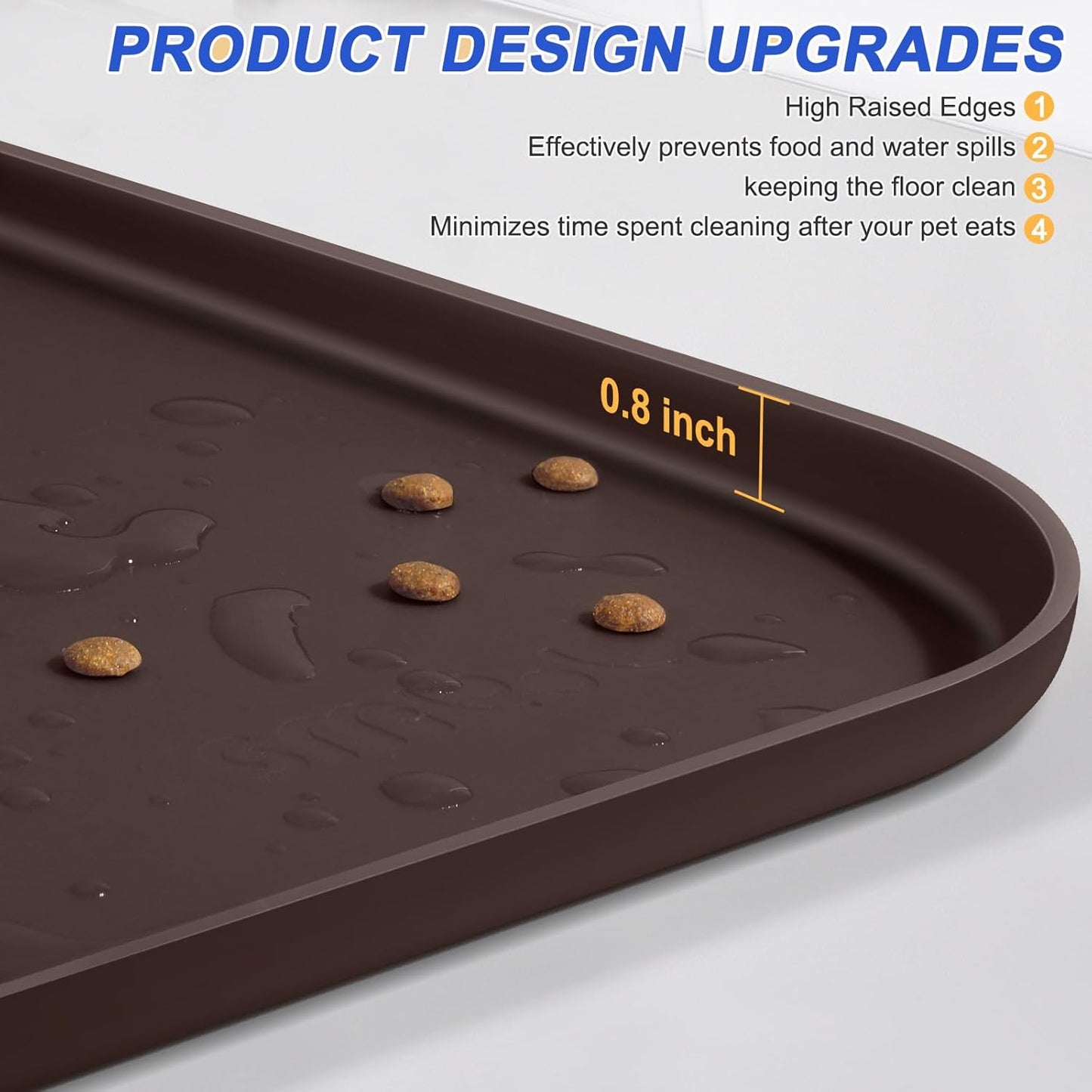 Silicone Pet Feeding Mat with Raised Edge for Food and Water, Dog Bowl Mats, Cat Bowls Placemat with High Lip for Floor Waterproof, Rubber Tray for Cats and Dogs 22 x 14 x0.8 Dark Brown