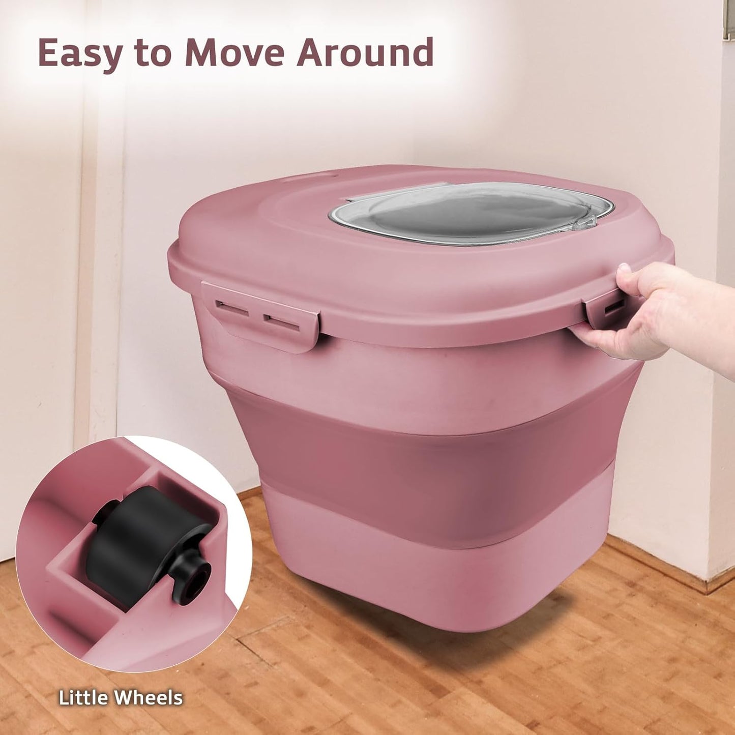 Rice Storage Bin Cereal Containers, 13-50lb Collapsible Rice Container Dispenser with Transparent Lid, Rolling Wheels, Measuring Cup and Scoop, Airtight Dog Cat Pet Food Storage Container Pink