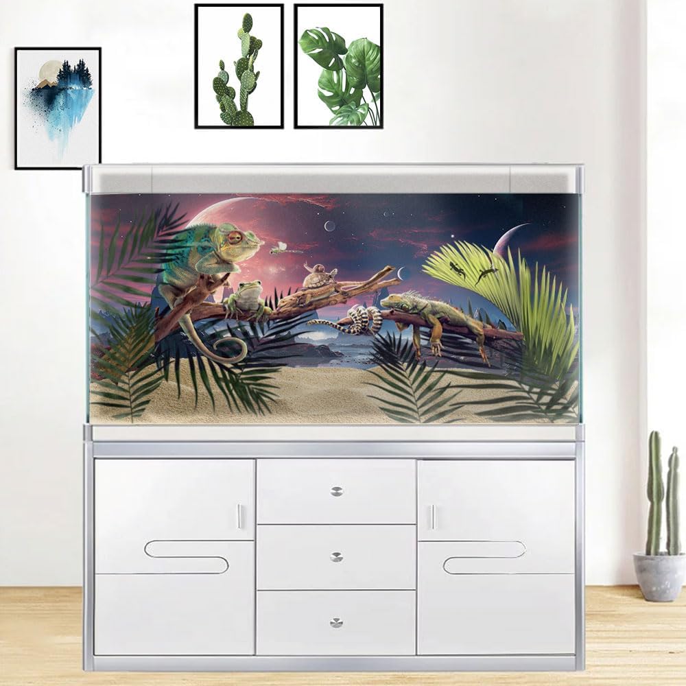 60X24IN Cosmic Spaceterrarium Background, Cool Parallel Space Themed Aquarium Reptile Habitat Background, Red Moon Aquarium Background with 10EVA Double-Sided Tape