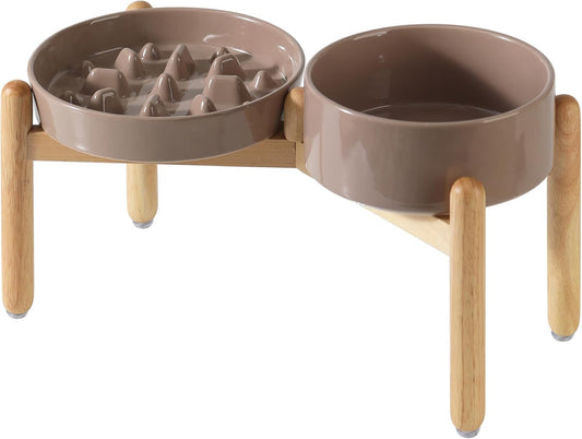 Ceramic Raised Slow Feeder Dog Bowl Set, Elevated 8.2inch Bowl and 9.5inch Slow Pet Food Dish with Wooden Stand for Large Dog (2 x Brown Coffee+ Stand)
