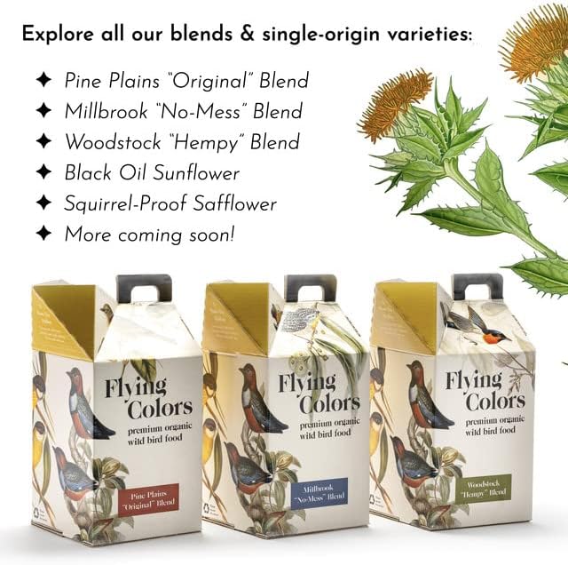 Flying Colors Premium Organic Wild Bird Seed | Woodstock 'Hempy' Blend | 100% USDA Organic Ingredients | No Fillers, No Pesticides | Sunflower Seed, Peanut, Safflower, Hemp | 3 Gallon Easy-Pour Carton