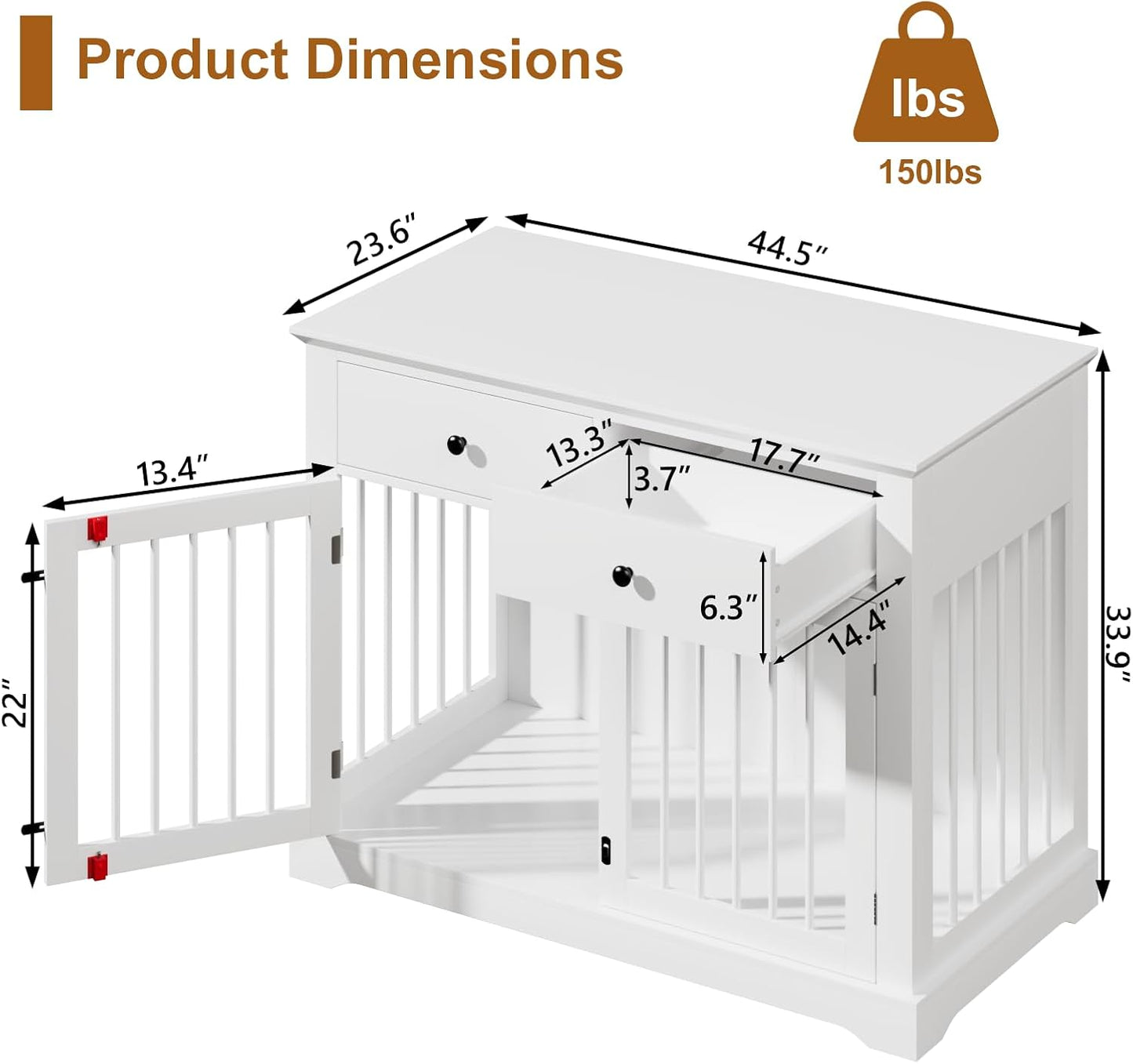 PUKAMI 44inch Dog Crate Furniture with Drawers,Wooden Dog Kennel Furniture for Large Breed,White End Table Wood Dog House for Indoor use,for Small/Medium/Large Dog