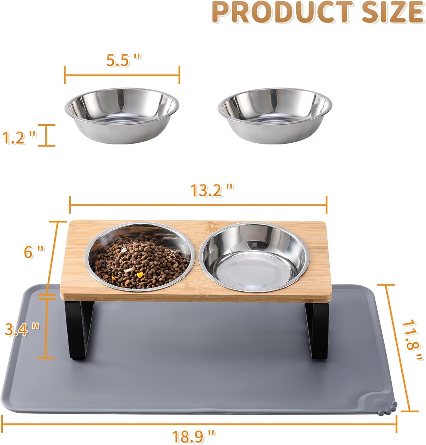 Upgraded Elevated Cat Bowls with Food Mat,15°Tilted Stand Anti Vomiting Raised Cat Dishes for Food and Water,2 Stainless Steel Bowls for Cats and Puppy