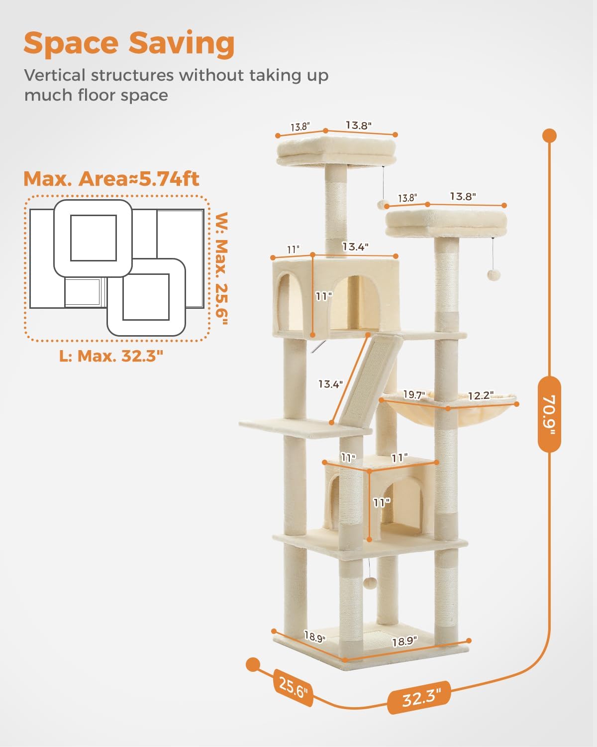 PAWZ Road 70 Inch Cat Tower, Tall Cat Tree with 2 Cozy Condos, 2 Plush Perch, Large Basket, 2 Scraching Pad & 6 Scraching Posts for Indoor Cats Large Adult, Beige