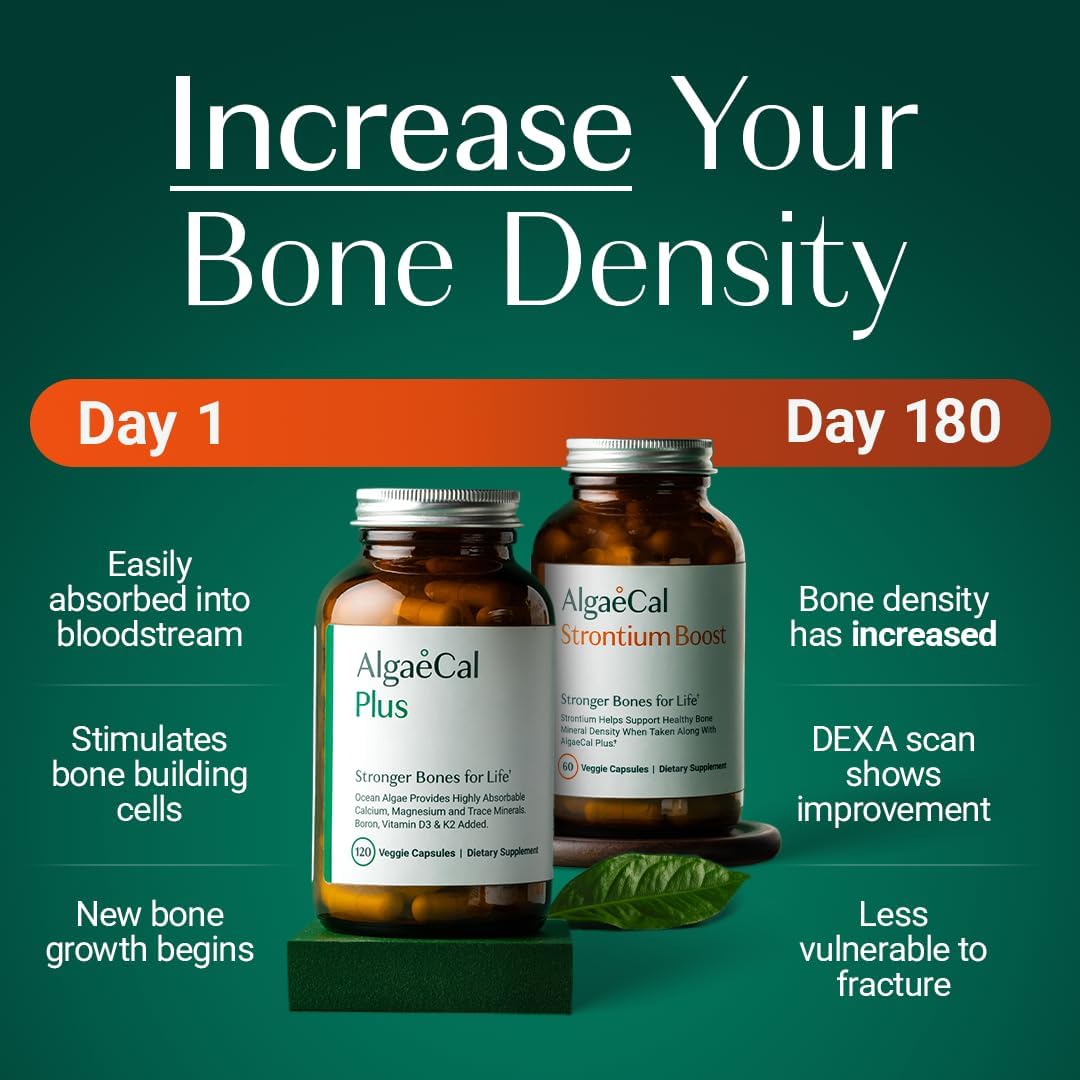 AlgaeCal - Bone Builder Pack for Bone Density Increase, Clinically Supported Plant Based Calcium Supplement & Strontium, Vitamins K2 (100mg), D3 (1600 IU), Magnesium & 16 Essential nutrients