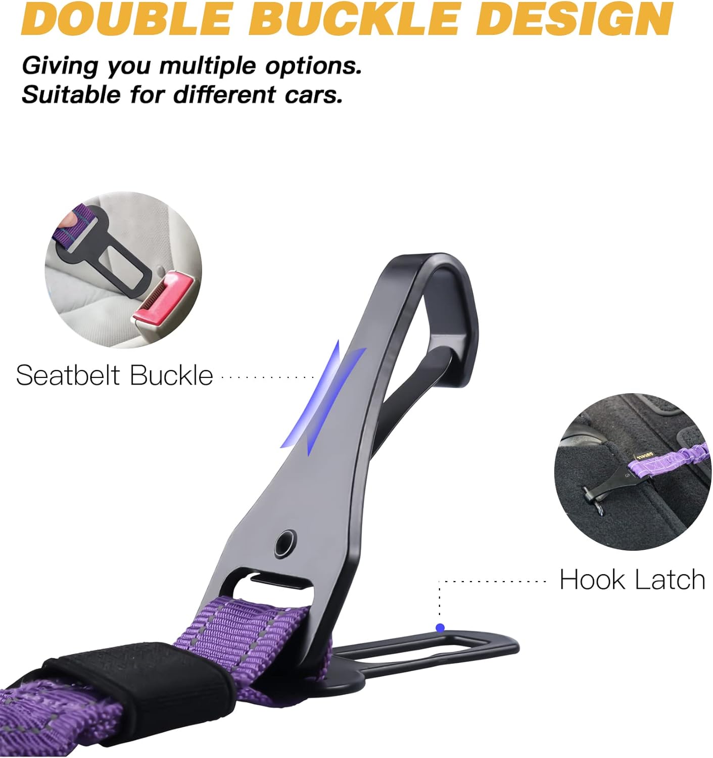 AUBELL Dog Seat Belt for Car,Updated 3-in-1 Adjustable Reflective Bungee Heavy Duty Dog Car Harness Tether with Clip Hook Latch & Buckle,Swivel Zinc Alloy Carabiner,Purple