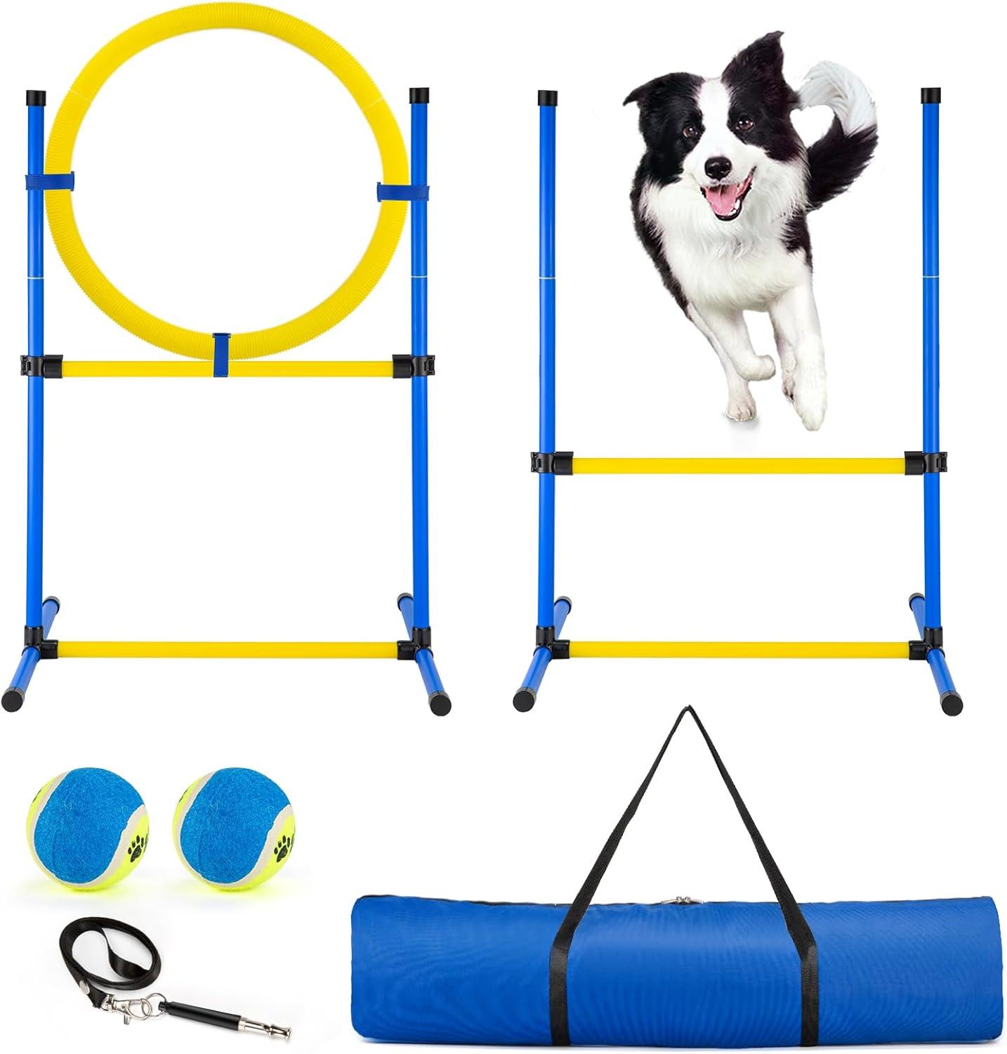 Dog Agility Training Equipment, Dog Agility Course Backyard Set, Pet Outdoor & Indoor Obstacle Course, with Agility Hurdle, Jump Ring, Toy Balls and Storage Bag