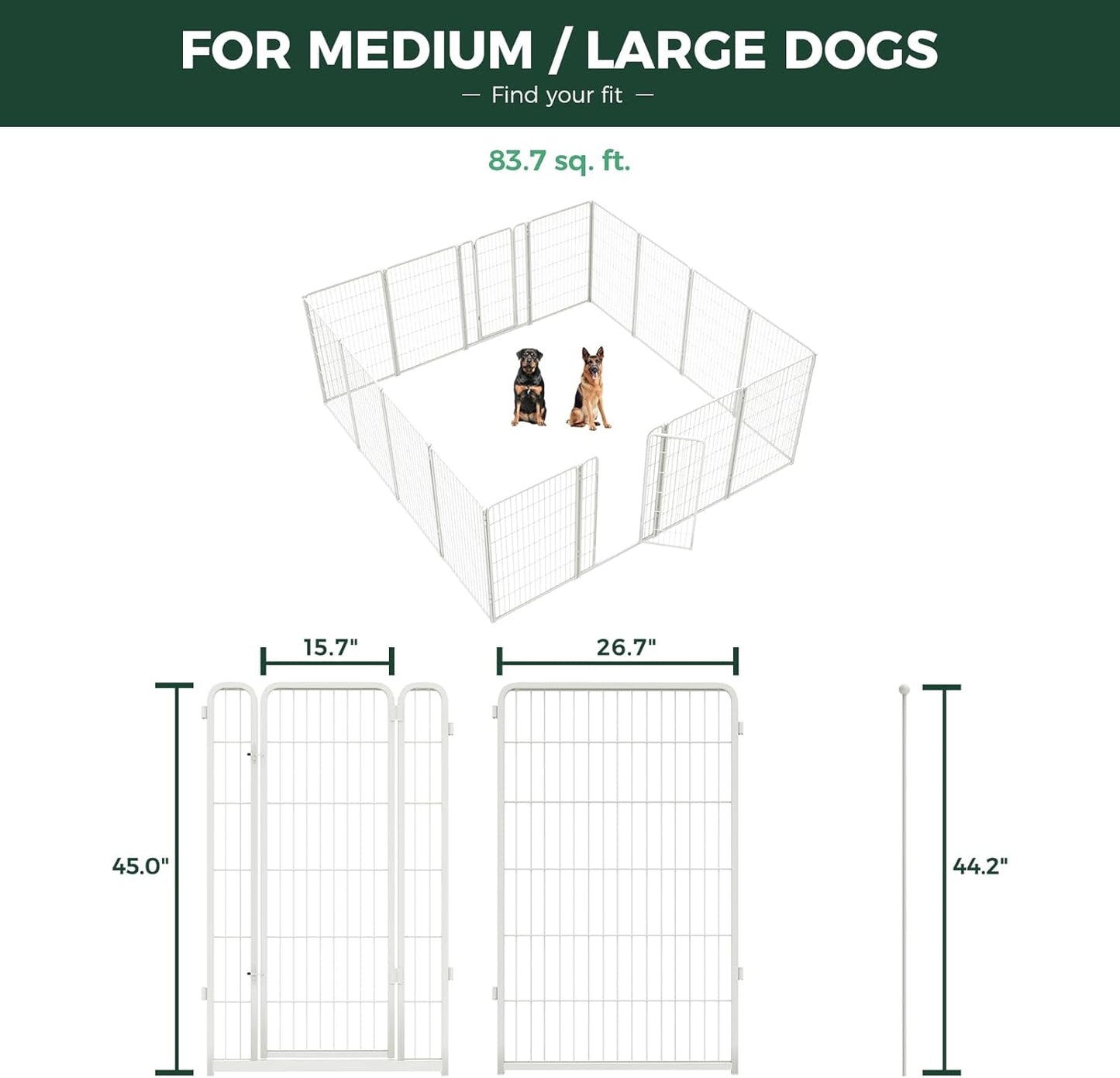 FXW Homeplus Unleashed Indoor Dog Playpen - Stress-Free and Safe Play, Heavy Duty 45 Inch 16 Wire Panels Dog Pen for Large Dogs, White│Patented
