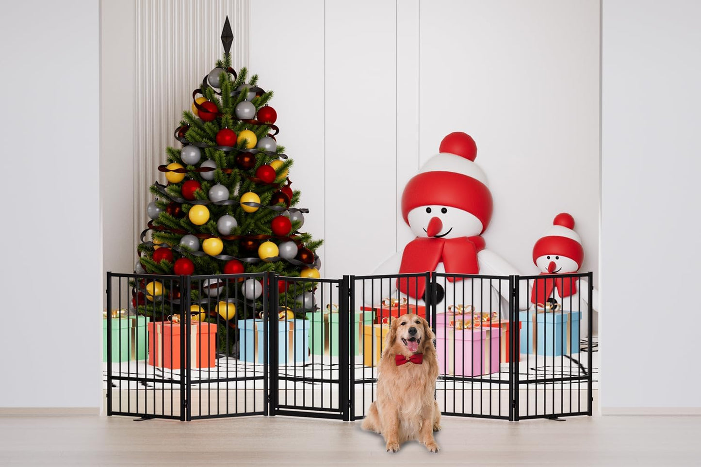 Full Metal Freestanding Dog Gate with Door, 32''Height Foldable Pet Dog Fence for Indoor & Outdoor, 6 Panels Extra Wide Free Standing TallDog Gates for Doorways,House,Stairs,Porch,Deck,Yard