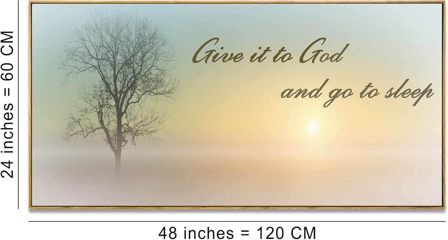 Lasdel Natural Extra Framed Wall Art of Misty Sunset & Tree Plant Picture For Bedroom Home Above Bed,Large White Country Wood Sign For Bathroom,Give It To God & Go to Sleep Artwork Decor,24x48