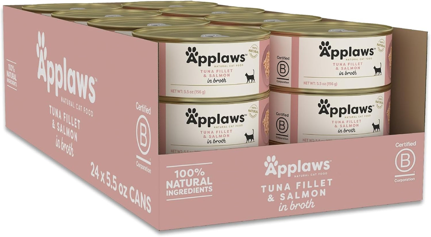 Applaws Natural Wet Cat Food in Broth, Limited Ingredient Canned Wet Cat Food, No Additives, Made with Natural Ingredients, Tuan Fillet & Salmon in Broth (24 x 5.5oz Cans)