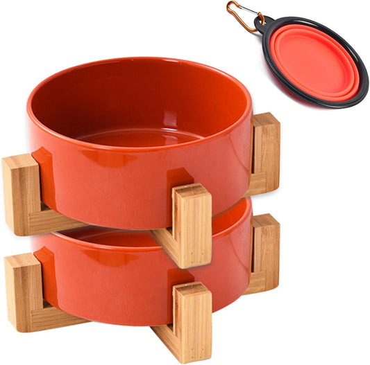 Petygooing Ceramic Dog Cat Bowl Set with Stand - Medium Dog Bowls, Anti-Slip Set of 2 - 28 OZ /3.6 Cups - Rust Red