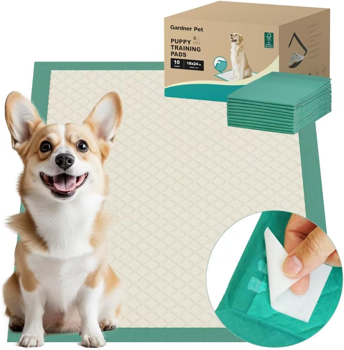 Gardner Pet Puppy Pee Pads Large 18"x24", 10 Count, Dog Pee Pads with Adhesive Sticky Tape, Max Absorbency, Leak Prevention Disposable Training Bed Pad for Doggie, Cats, Rabbits, Crate/Cage