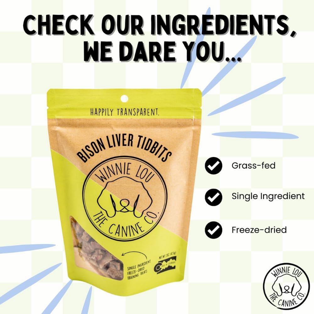 Winnie Lou The Canine Co. Freeze Dried Bison Liver Tidbits - Single Ingredient, Human-Grade, No Artificial Flavors or Fillers, Perfect for Training (Pack of 1)