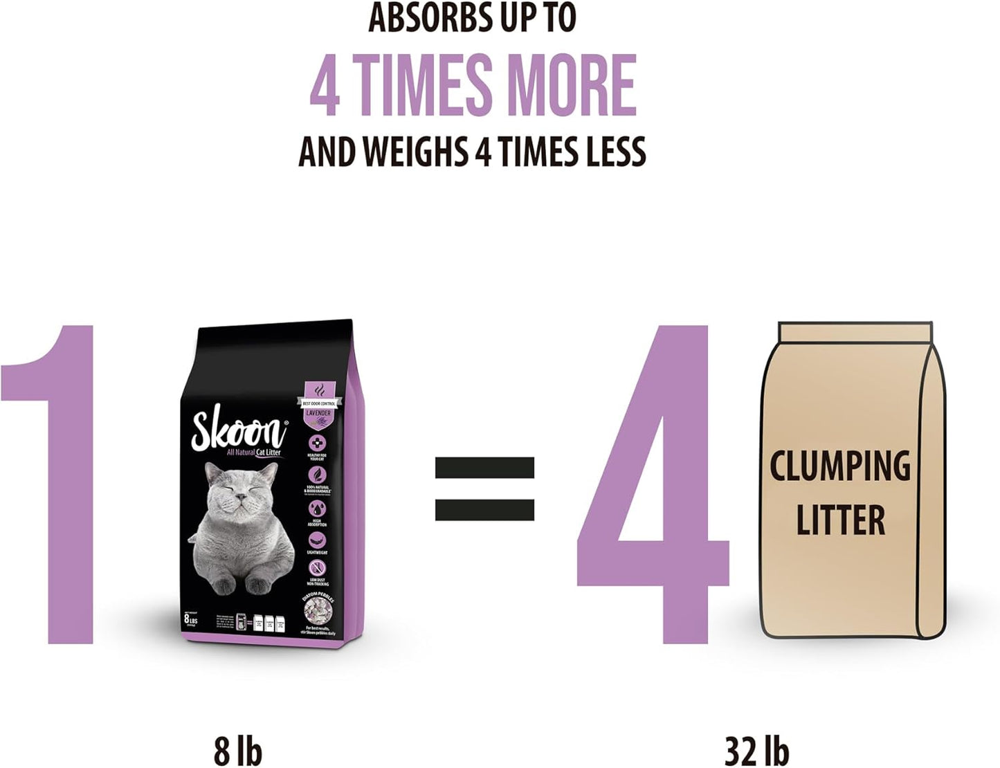 Skoon All Natural Cat Litter (2 Bags) - Lavender - Lightweight, Low Tracking, Non-Clumping Diatom Pebbles Absorb, Lock, and Seal Waste for Best Odor Control