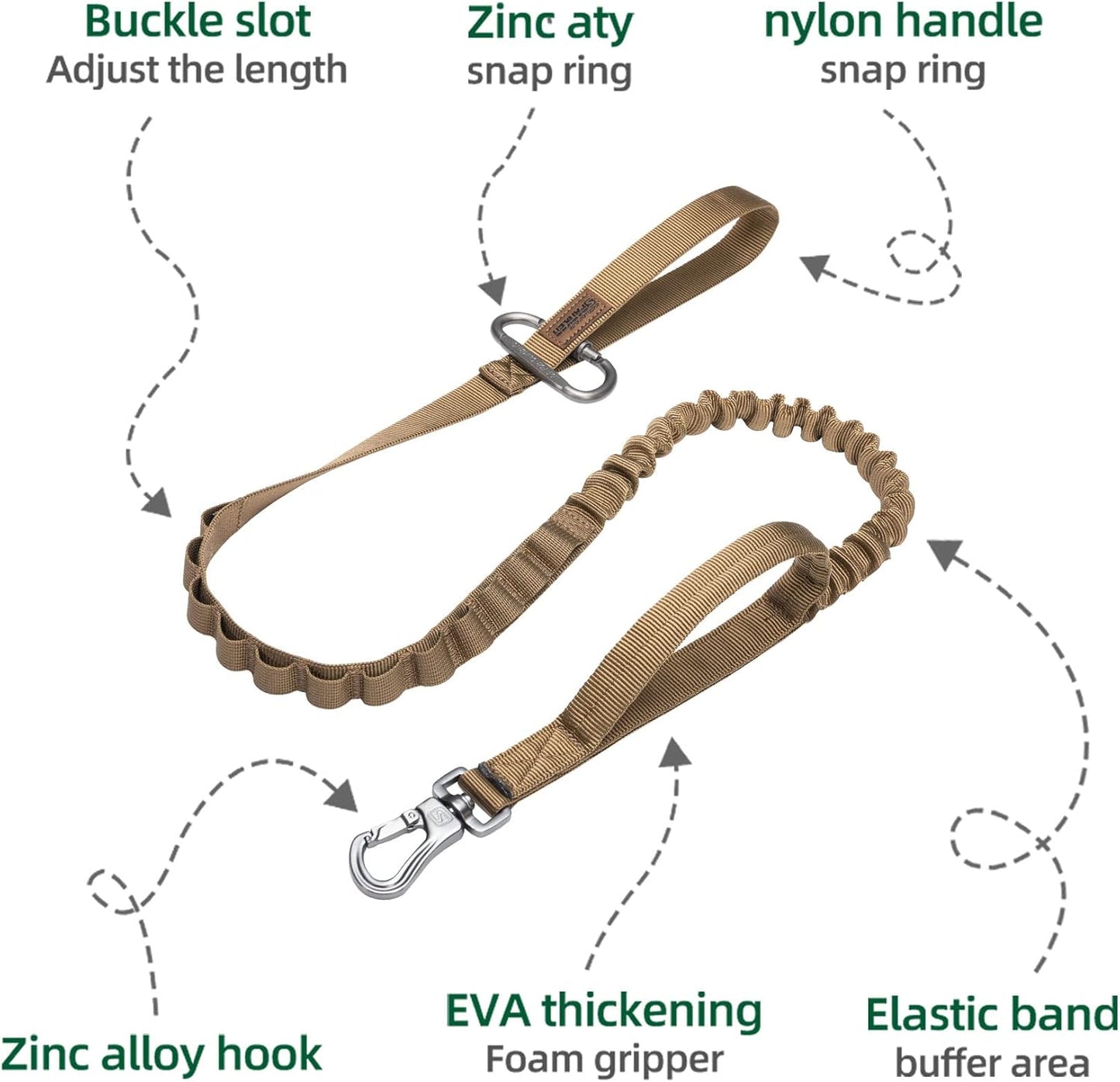 EXCELLENT ELITE SPANKER Tactical Bungee Dog Leash Military Adjustable Dog Leash Quick Release Elastic Leads Rope with 2 Control Handle(Coyote Brown)
