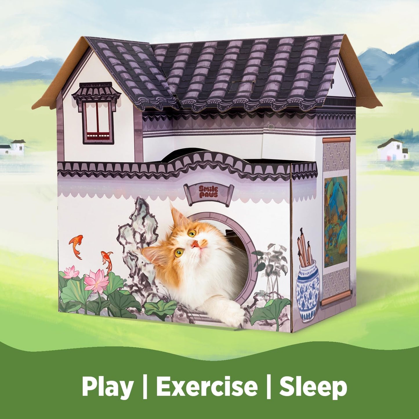 Cat Beds for Indoor Cats, Cardboard House with Scratchers, Tea House, Large Sturdy Cat Furniture Condo Cave Tent, Easy to Assemble Pet Toys Accessories Stuffs, Bunny Small Animals