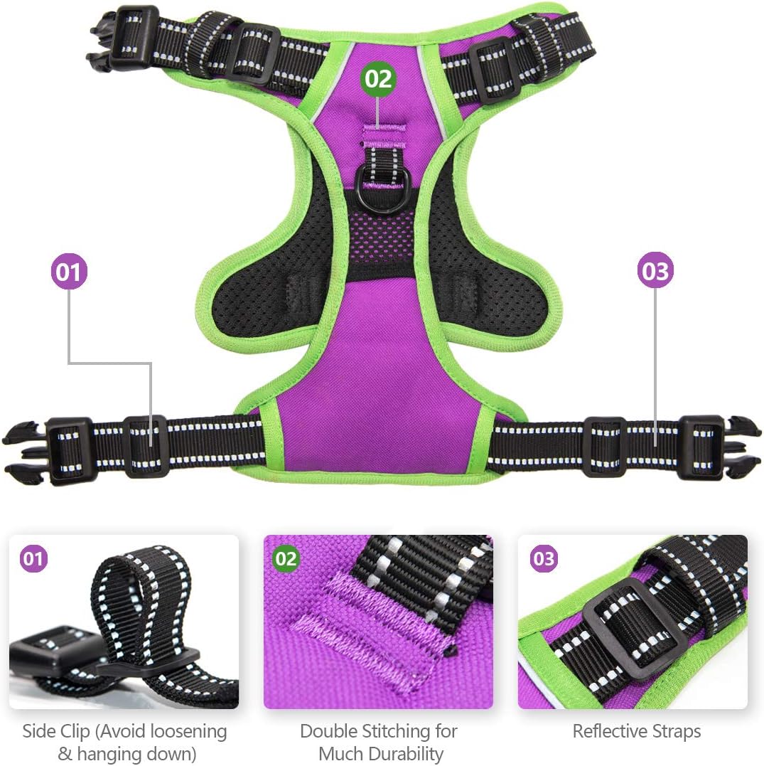PHOEPET 2019 Upgraded No Pull Dog Harness, Reflective Adjustable Vest, with a Training Handle + 2 Metal Leash Hooks+ 3 Snap Buckles +4 Slide Buckles(S, Purple)