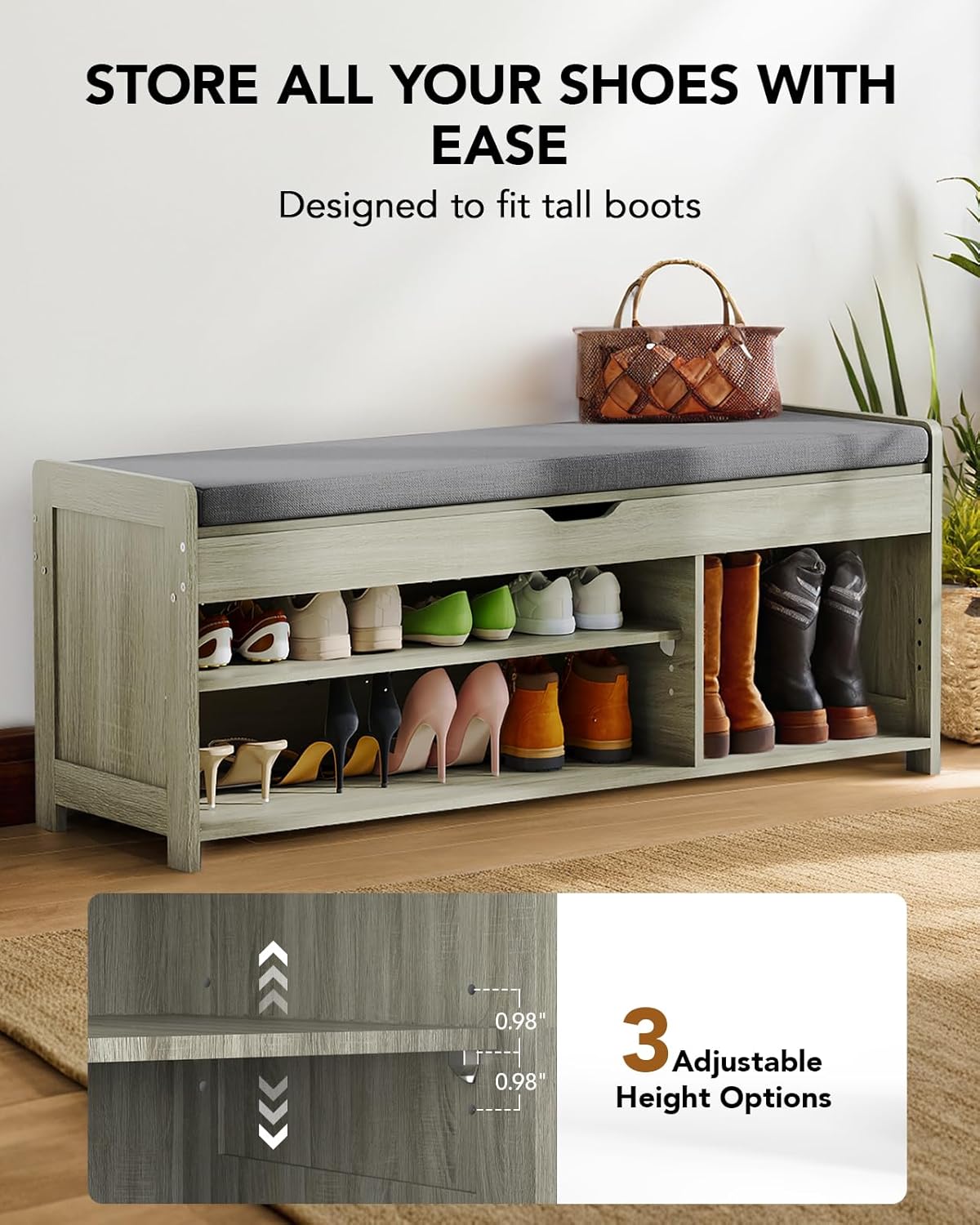 Amada Shoe Bench, Entryway Bench with Cushioned Seat & Lift Top Storage, 3 Doors, Adjustable Shelf, 300 lbs Capacity, Storage Bench with Shoe Rack for Entryway, Bedroom, Living Room, Gray