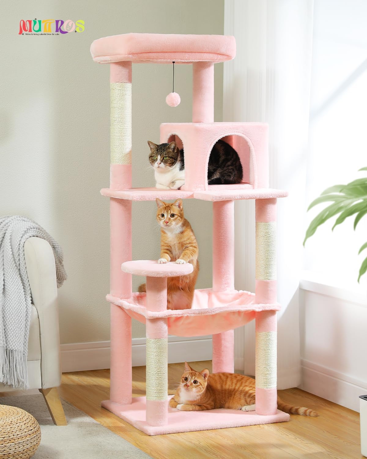 Cat Tree for Large Cats Adult with Metal Plush Big Hammock, 56.3" Cat Tower with 2 Door Condo House, 6-Tier Cat Shelves with Scratching Posts and Large Top Perch, Light Pink