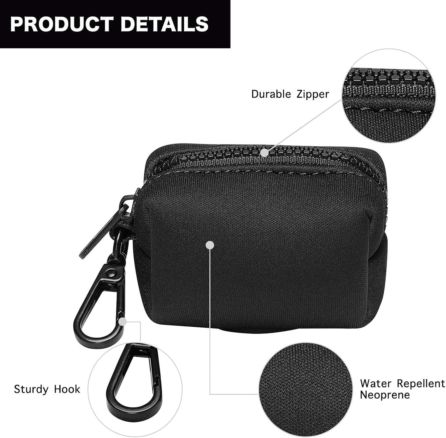 Petmolico Dog Poop Bag Holder Leash Attachment, Dog Waste Bag Dispenser Zippered Pouch, Fits Any Puppy Leash, Includes Free Roll of Poop Bags, Poop Bag Dispenser - 2 Pack, Black