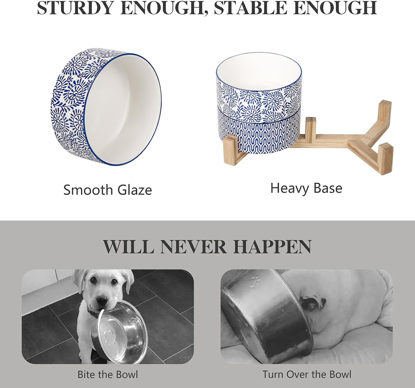 Selamica Ceramic 14 OZ Dog Bowls with Wooden Stand, Anti-Slip Dog Dishes Set for Cats & Small Dogs, Weighted Pet Bowls Set of 2, Vintage Blue