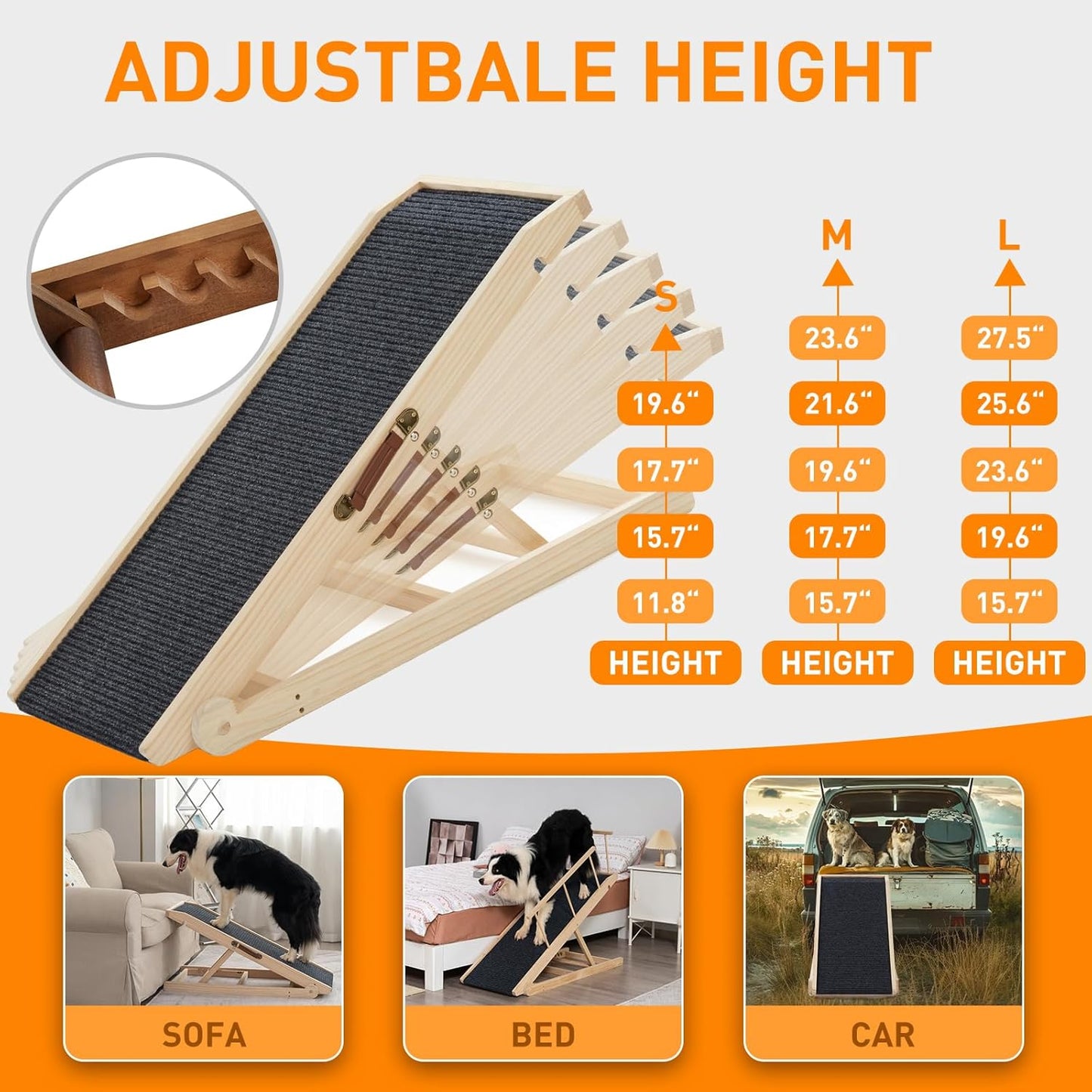 Dog Ramp for Bed Couch - Pet Steps Stairs to Get on Bed Couch 11.8"-19.6" High for Small or Large Dog Up to 200 lbs, Adjustable Wooden Dog Ramp Steps Foldable Portable, Anti-Slip Carpet (Black)