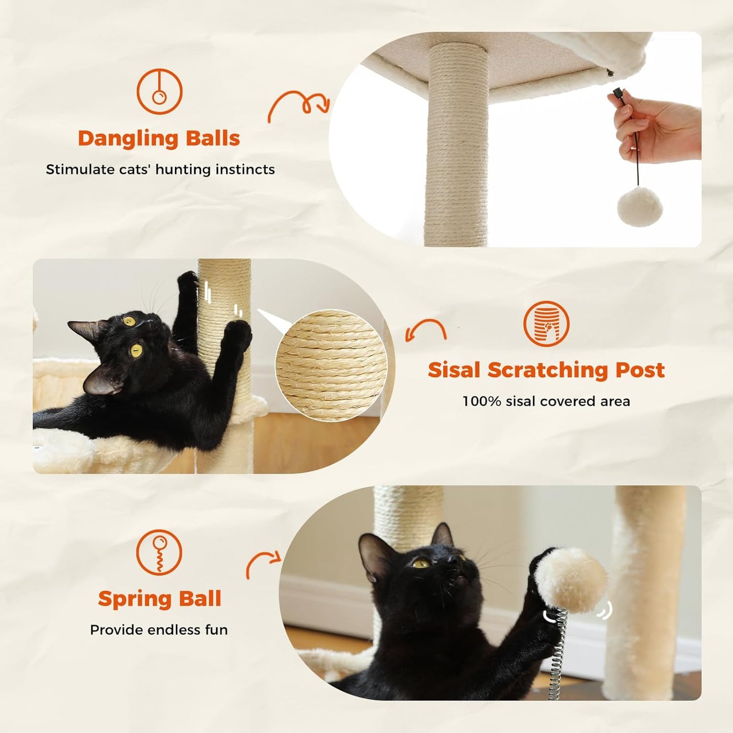 PEQULTI Modern Cat Tree for Indoor Cats,Multilevel Play House Cat Tower with Cat Condo, Scratching Post, Cozy Hammock and Plush Pompom, Brown
