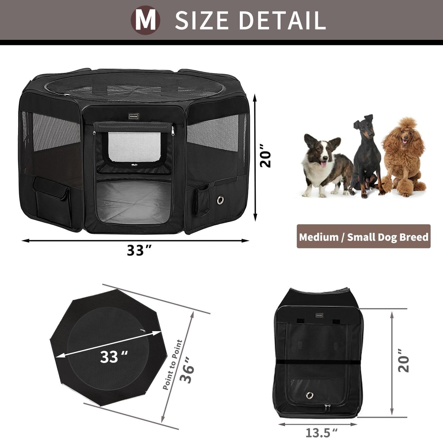 DONORO Dog Playpen Portable Pet Play Pens for Small Dog/Cat/Rabbit/Chicks, Cat Playpen Indoor/Outdoor with Carring Case, Removable Zipper Top and Bottom (Black, Medium (36"x36"x20"), 8)