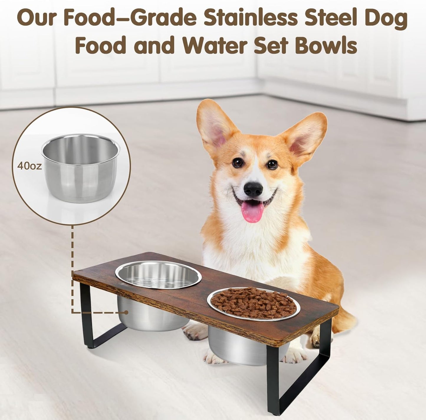 Elevated Dog Bowls for Small Medium Wood Dogs Raised Bowl Stand with 2 Stainless Steel Deep Dog Food and Water Bowls, Anti Vomit, Non-Slip Feeding Dishes(Tilted，3 inches in Height, 40oz