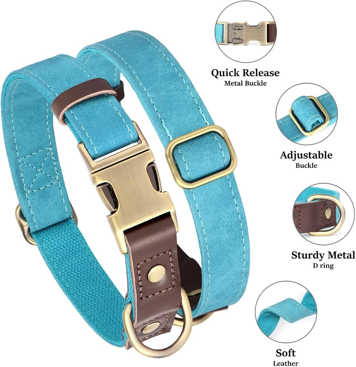 Didog Soft PU Leather Dog Collar for Large Dogs,Classic Adjustable Dog Collars with Quick Release Metal Buckle,Easy Clean and Comfortable with Nylon Lining,Light Blue,L Neck 15-23"
