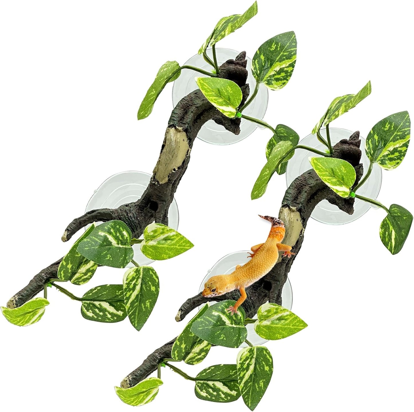Fhiny Snake Climbing Branch, 2 PCS Resin Reptile Branches for Climbing with Suction Cups Frog Terrarium Plants Reptile Tank Decor Accessories for Frog Corn Snake Lizard Bearded Dragon Gecko