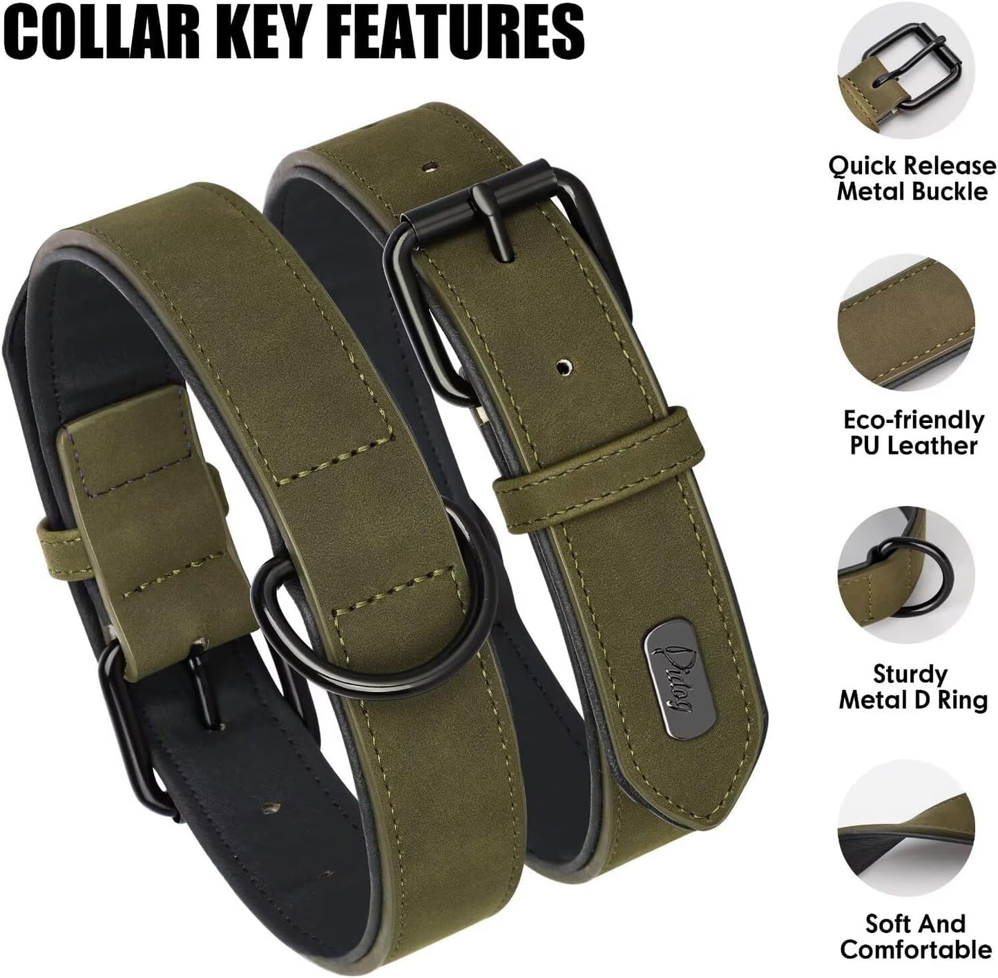 Didog Soft Padded PU Leather Dog Collar, Breathable and Adjustable Dog Collar for Large Dogs, Comfortable for Daily Walk, Dark Green, XL Fit Neck 17-21"(44-71 lbs)