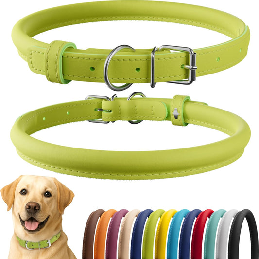 CollarDirect Rolled Leather Dog Collar, Soft Padded Round Puppy Collar, Handmade Genuine Leather Collar Dog Small Large Cat Collars 13 Colors (15-19 Inch, Lime Green Smooth)