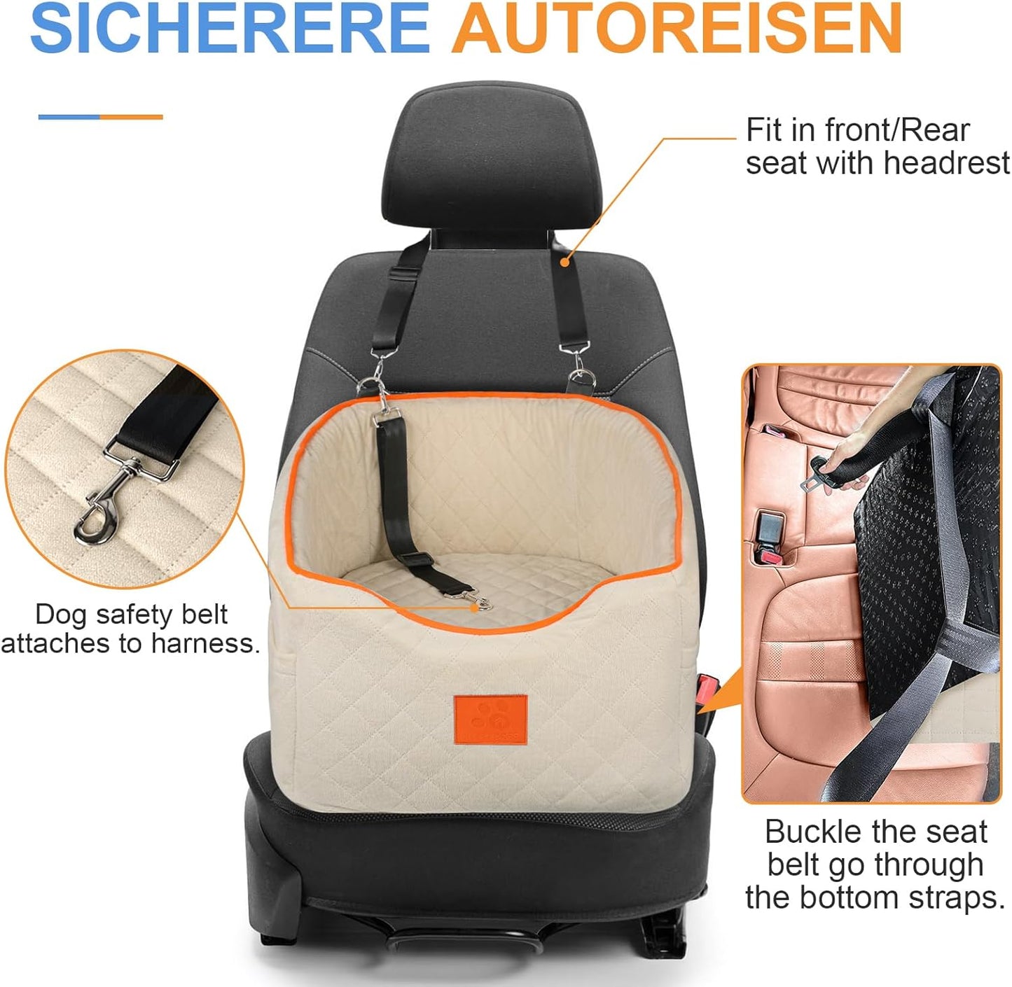 Dog Car Seat for Small Dogs, Memory Foam Booster Dog Seat for Dogs up to 35 lbs, Elevated Pet Car Seat, Travel Safety Pet Seat with Washable Removable Cover, Storage Pockets (Beige)