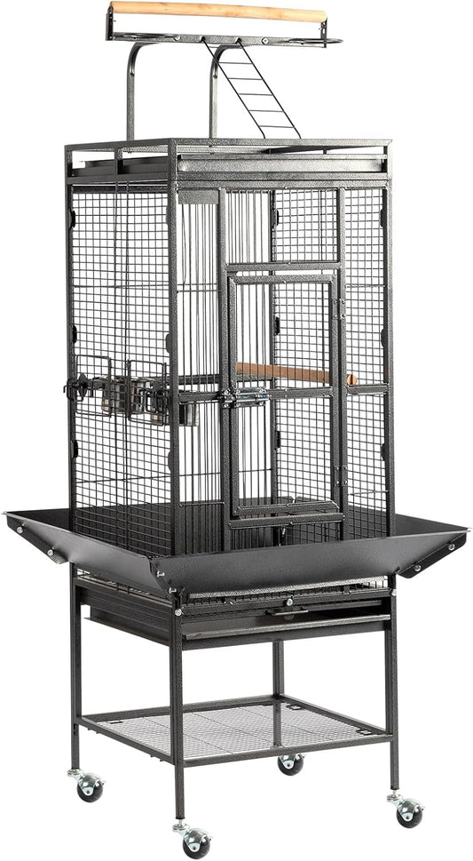 VINGLI 65-Inch Wrought Iron Bird Cage with Playtop | Durable Large Flight Cage with Ladder & Rolling Stand for Parrots, Cockatiels, Budgies, Lovebirds, Small/Medium Birds