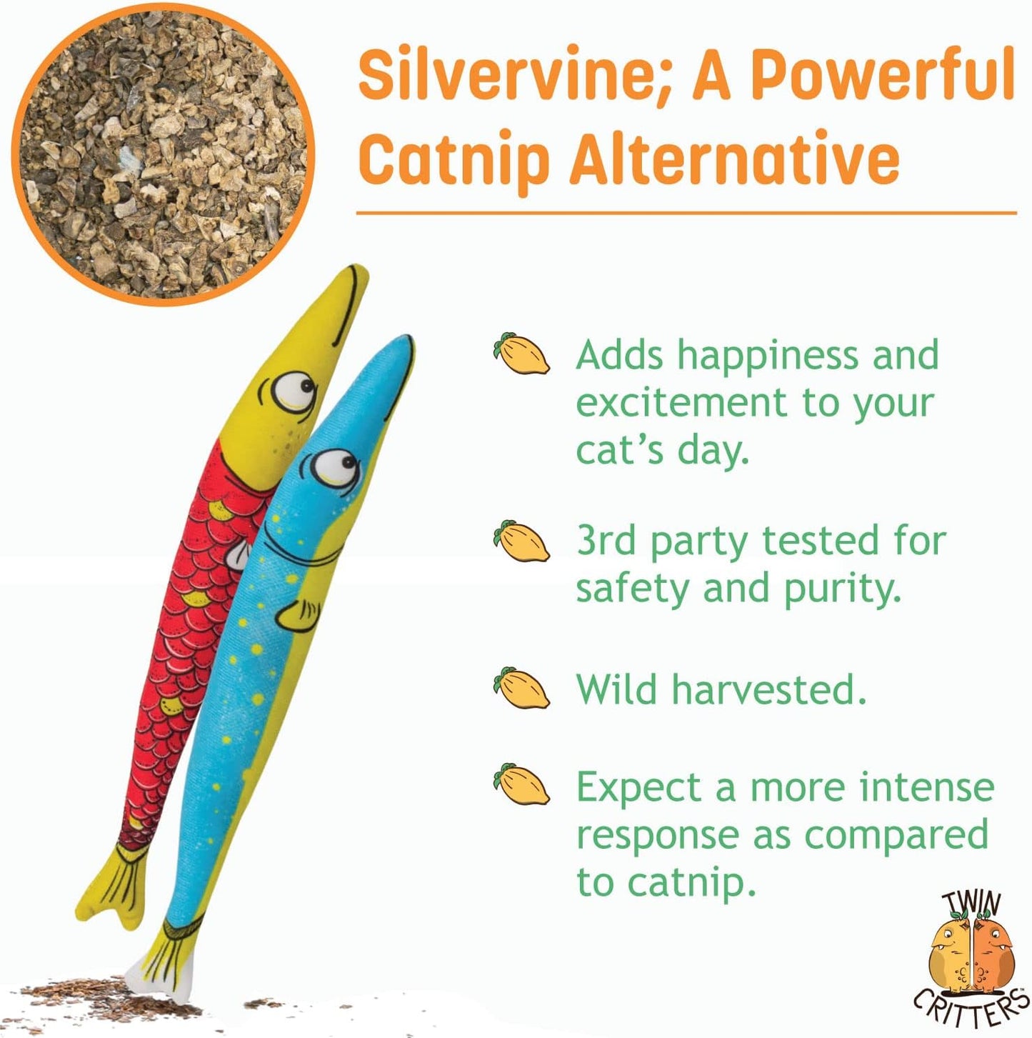 Silvervine Sardine 2-Pack Organic Catnip Substitute Toys for Cats & Kittens | 100% All-Natural Wild Harvested | 2 Refillable Sardine Kicker Cat Toys