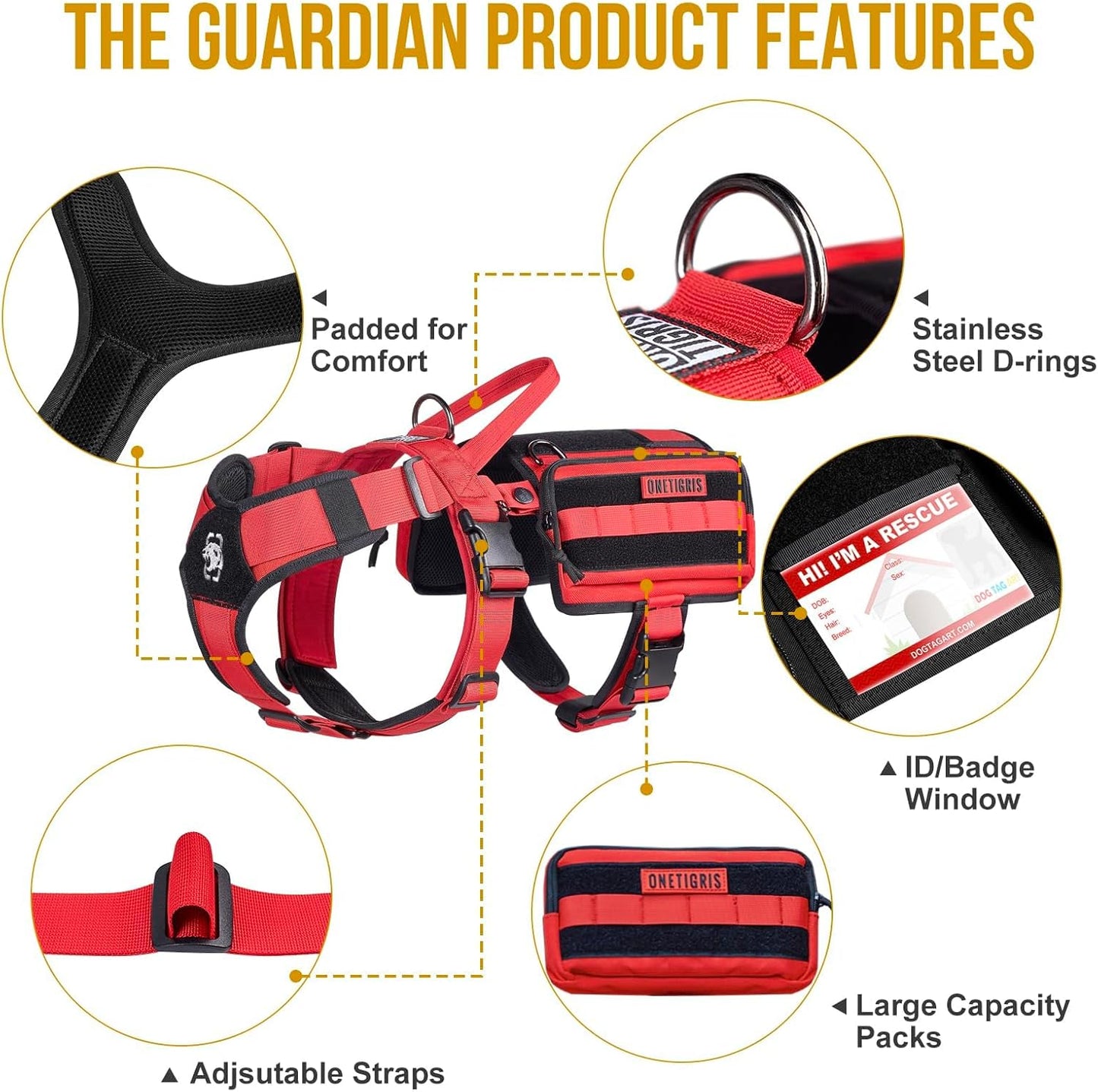 OneTigris Service Dog Vest Harness, Service Dog Cape Guardian Dog Backpack Harness with Pouches Dog Saddle Bag for Small Medium and Large Dogs (Red, Large)