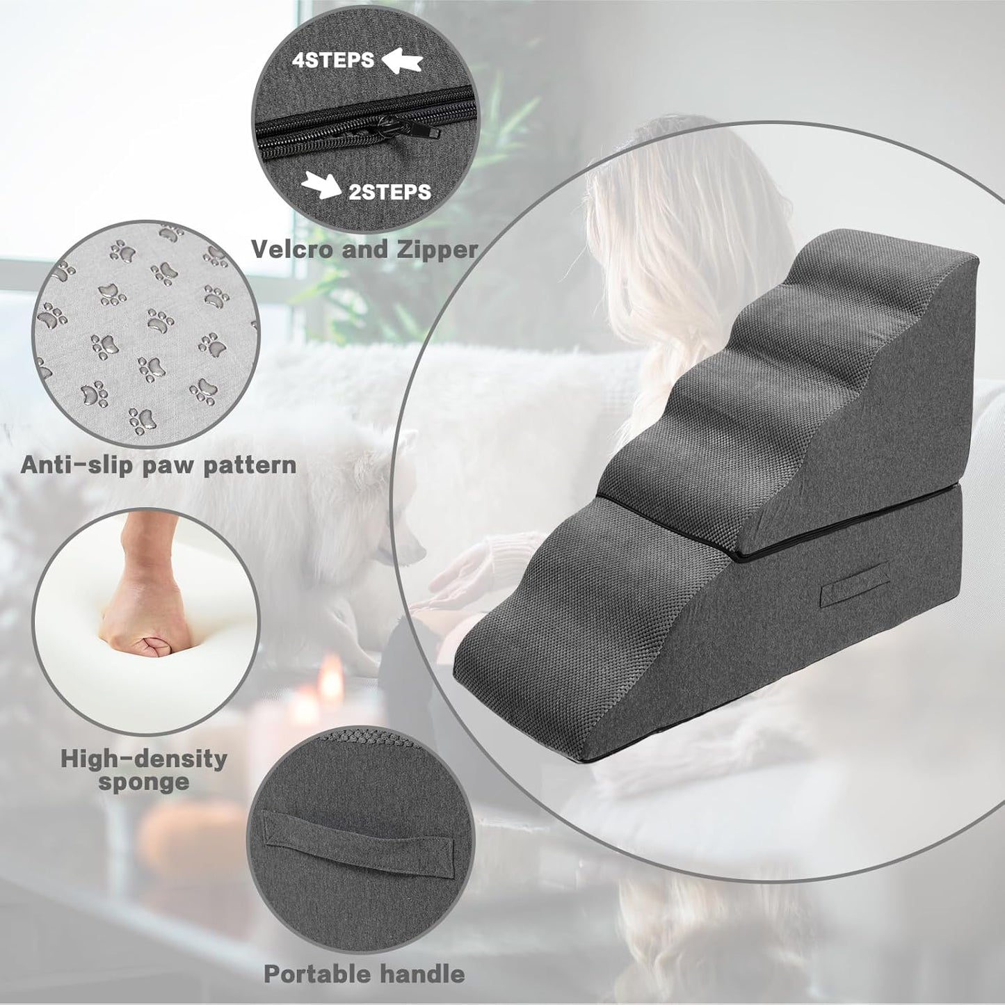 Dog Step Stairs for High Beds 30-36 inches Tall, 6-Step Doggy Steps for Puppies, 33D Foam Pet Stairs Steps for Small Meduim Dogs, Dog Ramp for Old Dogs/Cats, Dark Grey