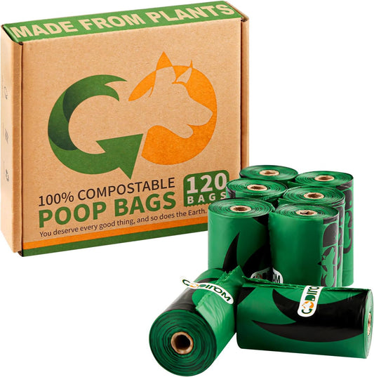 Certified 100% Compostable Poop Bags for Dogs, 120 Count Guaranteed Leak Proof and 18 Microns Extra Thick Dog Waste Bag, 18 Rolls of Plant Based Doggie Poop Bag, No Scented with ASTM D6400 & EN13432