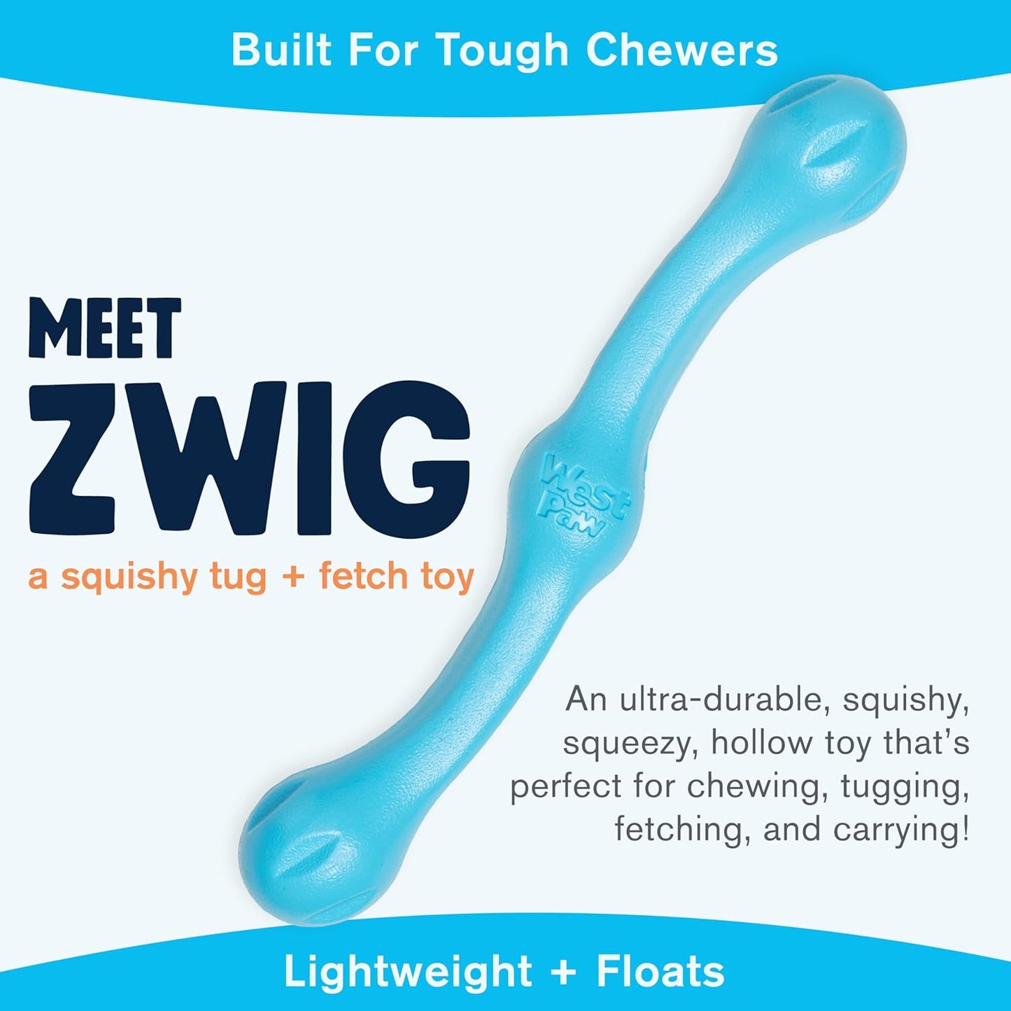 WEST PAW Zogoflex Echo Zwig Squeezy Dog Fetching Stick – Bouncy, Hollow, Squishy Interactive Toy for Puppies, Large Dogs – Floatable Stick, Lightweight Chewy Toy for Catch/Fetch – 13.75”, Aqua Blue