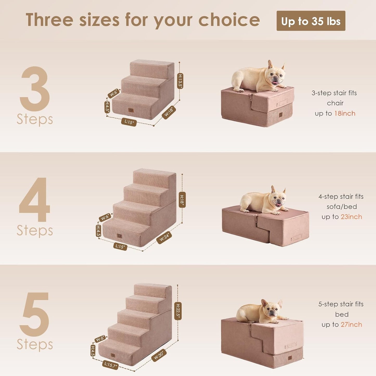EHEYCIGA Dog Stairs for Small Dogs 13.5" H, 3-Step Dog Steps for Couch Sofa and Chair, Pet Steps for Medium Cats, Non-Slip Balanced Pet Ramp Indoor, Pink