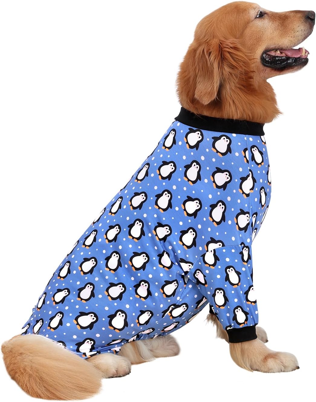 HDE Dog Pajamas One Piece Jammies Jumpsuit Pet Clothes Outfit Stretchy Lightweight Comfy Shirt Pjs for M-3XL Dogs Penguin Polka Dots - 3XL