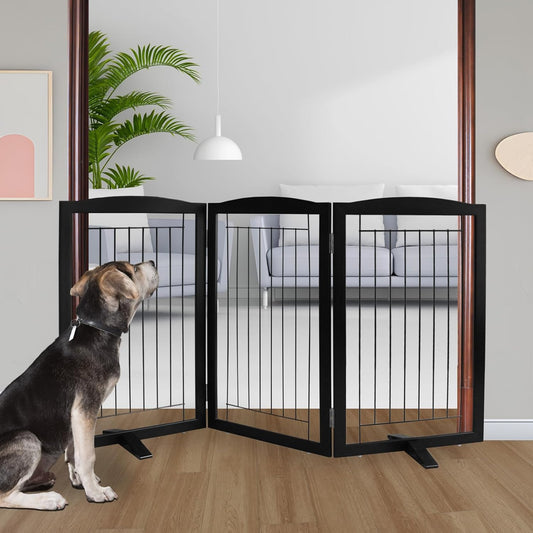 ZJSF Freestanding Dog Fence Indoor, Foldable Dog Gate for Doorways, Stairs or Hallways, Sturdy Wood Extra Wide Pet Gate with Support Feet for The House, Black, 32 "Height-3 Panels